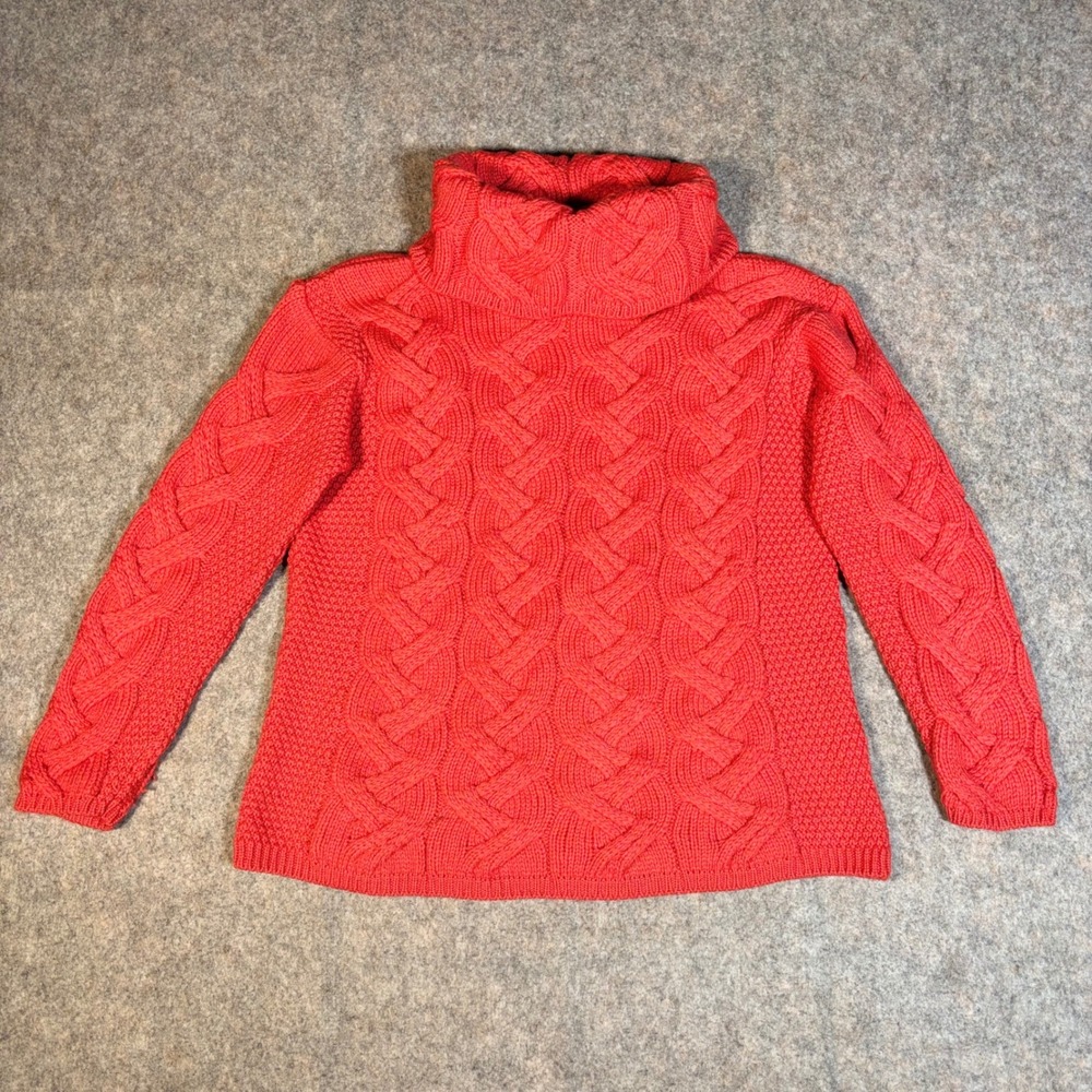 Aran Sweater Market Turtleneck Womens M Red Merino Wool Cable Knit Irish Sweater